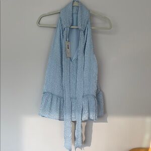 Ramy Brook NEW Light Blue Halter Top with Ruffle Hem Sz L